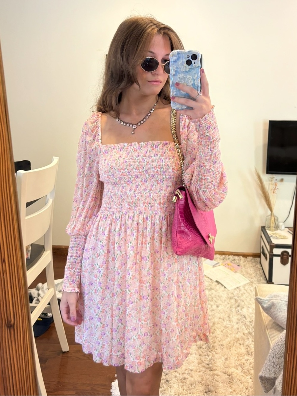 Hill House Cream-Pink Floral Mini Dress
